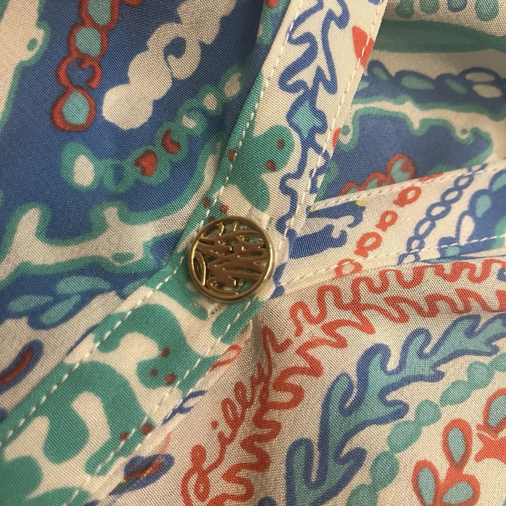 Lilly Pulitzer Elsa‎ Silk Top Size Small Let Minnow Coral Print Blue Long Sleeve - Picture 3 of 10